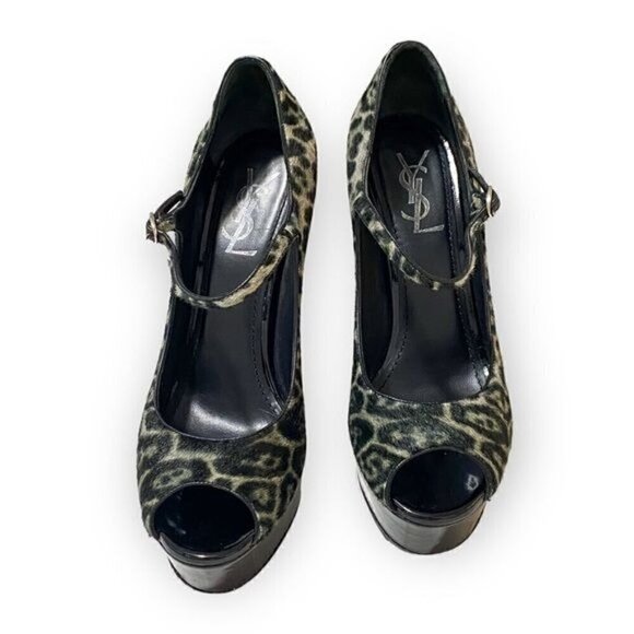 YSL Yves Saint Laurent Tribute Too 105 Mary Jane Peep Toe Pumps, Pony Leopard - Picture 6 of 16